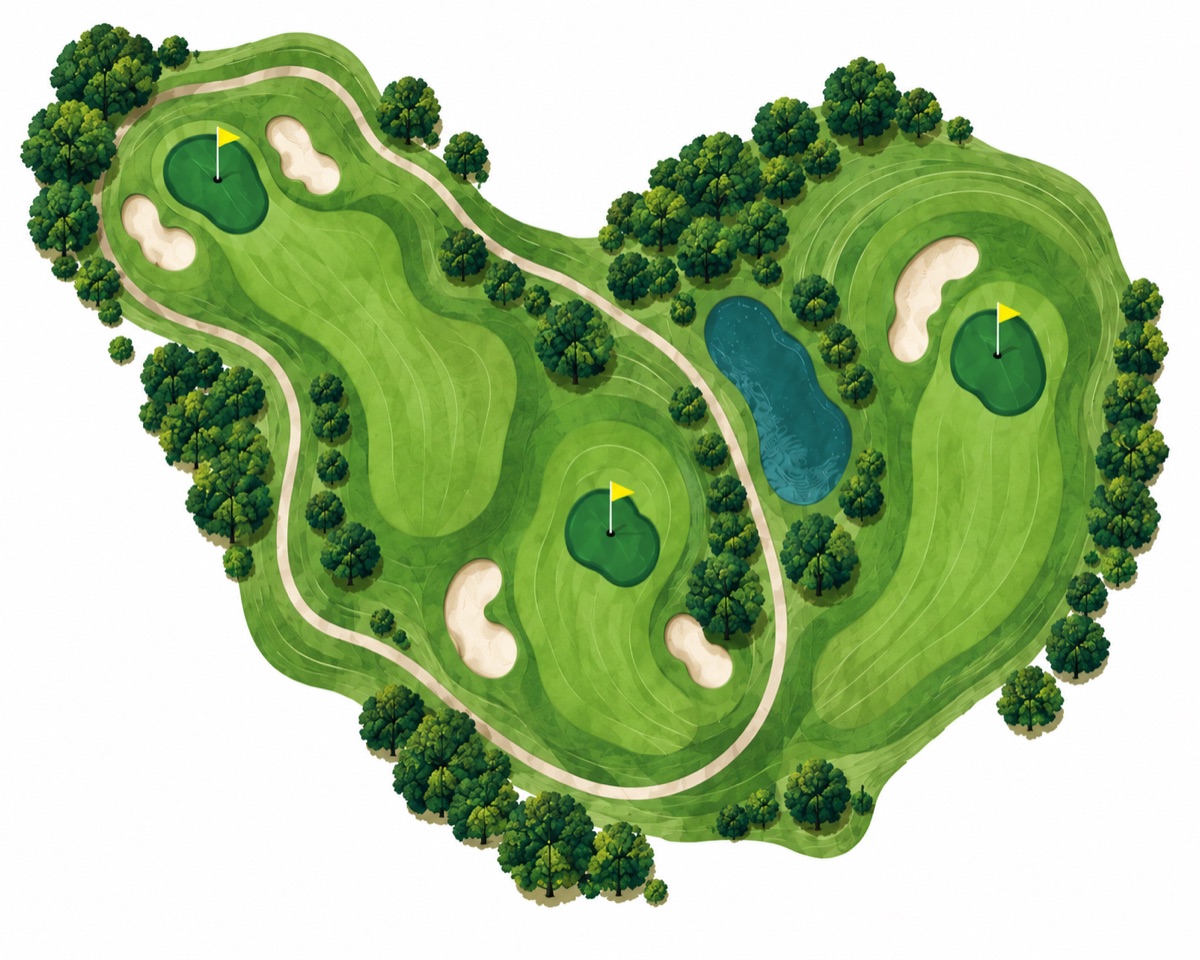 An overhead illustration of a three-hole course with ponds, bunkers and tree lines