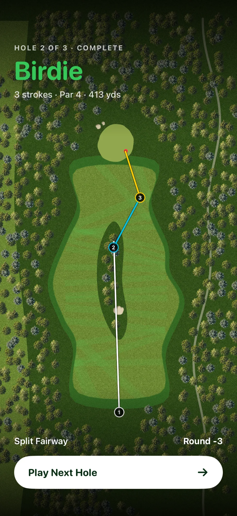 A completed par 4 with three shots traced from tee to cup, scored as a birdie
